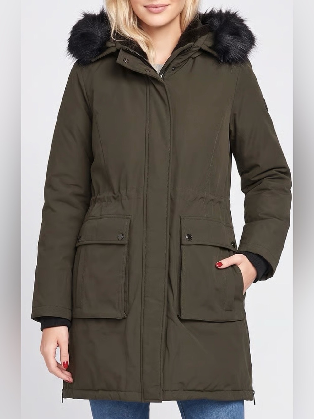 ✨Sam Edelman Olive Green Women's Parka Coat with Faux Fur Trim XL✨